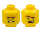 Yellow Minifig, Head Dual Sided Reddish Brown Eyebrows, Green Eyes, Lopsided Open Mouth Grin / Gritted Teeth Pattern (Lloyd) - Hollow Stud