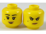 Yellow Minifigure, Head Dual Sided Female Black Eyebrows, Beauty Mark, Dark Tan Lips, Open Mouth Smile / Scowl Pattern (Nya) - Hollow Stud