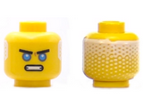 Yellow Minifigure, Head Black Thick Eyebrows, Dark Azure Eyes, Open Mouth Scowl, White Hair on Back Pattern (Zane) - Hollow Stud