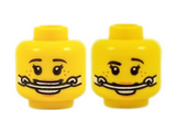 Yellow Minifigure, Head Dual Sided Female Dark Brown Eyebrows, Freckles, Headgear Braces, Smile with Teeth / Raised Eyebrow Pattern - Hollow Stud