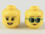 Yellow Minifigure, Head Dual Sided Female Dark Tan Eyebrows, Medium Nougat Crow's Feet, Peach Lips, Smile / Dark Turquoise Sunglasses Pattern - Hollow Stud