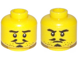 Yellow Minifigure, Head Dual Sided Beard Stubble, Thick Eyebrows, Pencil Moustache, Soul Patch, Smile / Frown Pattern - Hollow Stud