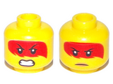 Yellow Minifig, Head Dual Sided Red Hair with Open Mouth with Teeth, Grimace / Frown with Peach Lips Pattern (Harumi) - Hollow Stud