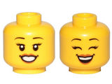 Yellow Minifigure, Head Dual Sided Female Black Eyebrows, Eyelashes, Medium Nougat Lips, Smile, Teeth, Open Eyes / Closed Eyes Pattern - Hollow Stud