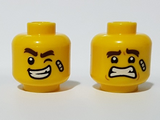 Yellow Minifigure, Head Dual Sided Bandage, Winking Left Eye, Lopsided Big Smile / Scared Pattern - Hollow Stud