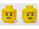 Yellow Minifigure, Head Dual Sided Dark Bluish Grey Eyebrows, Wrinkles, Worried / Smile Pattern - Hollow Stud