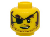 Yellow Minifigure, Head Black Eyepatch, Brown Eyebrows, Sideburns, Stubble, Open White Mouth Pattern - Hollow Stud