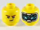 Yellow Minifigure, Head Dual Sided, Reddish Brown Eyebrows, Medium Nougat Freckles / HUD with Black Screen, Medium Azure Highlights Pattern - Hollow Stud