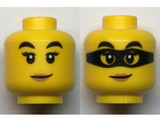 Yellow Minifigure, Head Dual Sided Female Black Eyebrows, Peach Lips and Closed Mouth Smirk / Black Mask Pattern - Hollow Stud