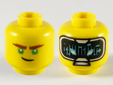 Yellow Minifigure, Head Dual Sided, Reddish Brown Eyebrows, Green Eyes / HUD with Black Screen, Medium Azure Highlights Pattern - Hollow Stud