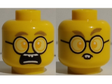 Yellow Minifigure, Head Dual Sided Dark Tan Eyebrows, Bright Light Orange Eyes, Round Glasses, Scared / Rodent Teeth Pattern - Hollow Stud