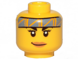 Yellow Minifigure, Head Female Black Eyebrows, Medium Nougat Lips, Dark Bluish Gray Band with Orange Stripes, Smile Pattern - Hollow Stud