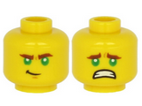 Yellow Minifigure, Head Dual Sided with Reddish Brown Thick Eyebrows, Green Eyes, Chin Dimple, Lopsided Grin / Scared with Teeth Pattern - Hollow Stud