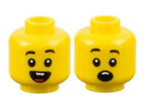 Yellow Minifigure, Head Dual Sided Child Black Eyebrows, Open Mouth Smile with Teeth and Tongue / Surprised Pattern - Hollow Stud