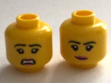 Yellow Minifigure, Head Dual Sided Female Black Eyebrows Eyelashes, Smirk with Dark Pink Lips / Worried Pattern - Hollow Stud