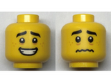 Yellow Minifigure, Head Dual Sided, Black Eyebrows, Medium Nougat Freckles, Open Mouth Smile / Scared Worried Pattern - Hollow Stud