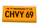 Bright Light Orange Tile 2 x 4 with '19 MICHIGAN 70' and 'CHVY 69' Pattern (Sticker) – Set 10304