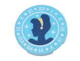 Medium Azure Tile, Round 2 x 2 with Bottom Stud Holder with Dark Blue Cinderella Silhouette, Gold Hair Band, and White Clock Face Pattern